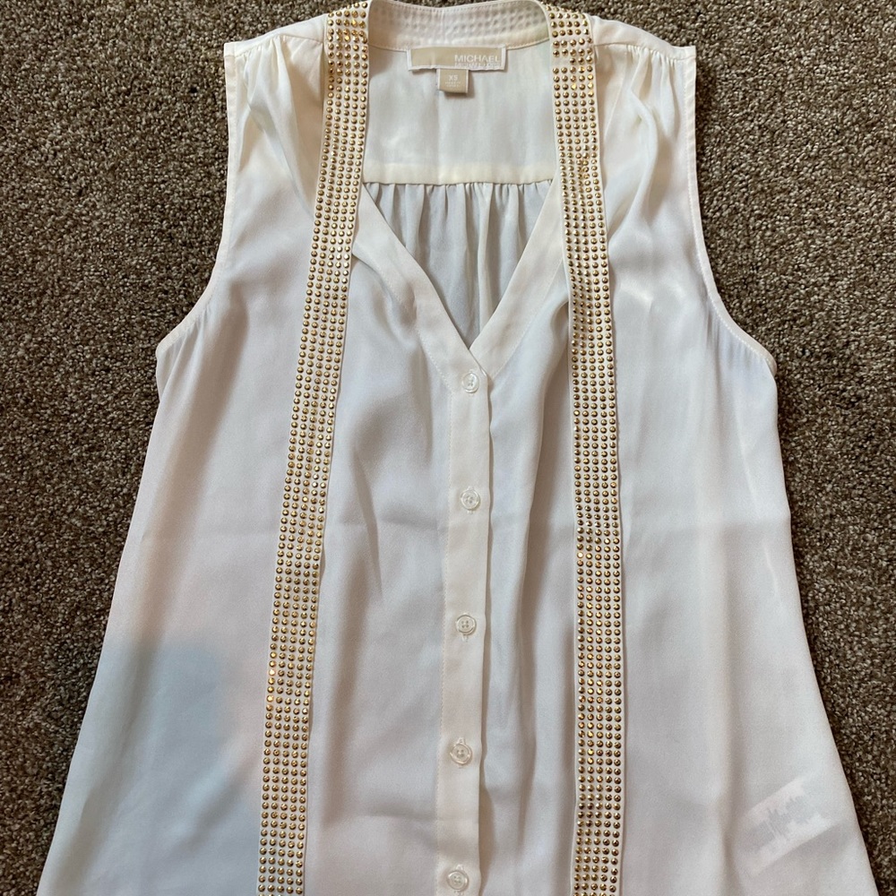 Michael Kors Gold Studded Tie Neck Blouse, SZ XS